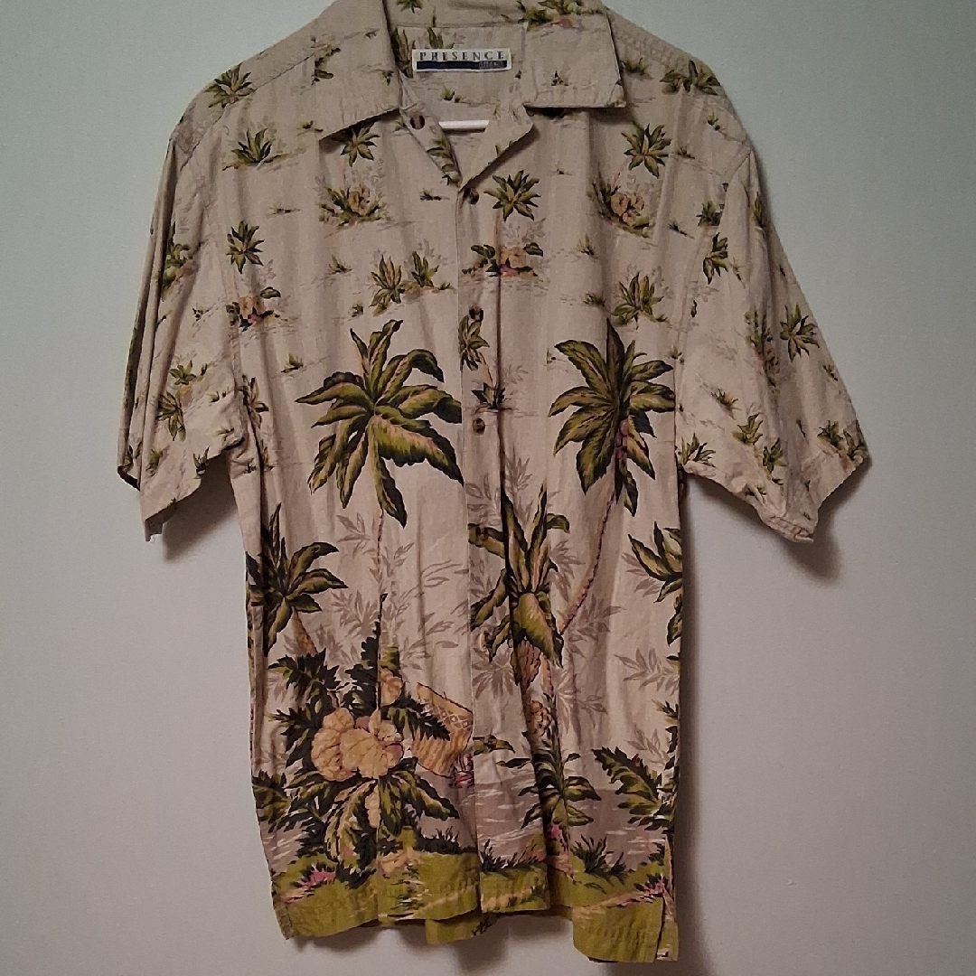 Presence Clothing Co Tropical Beige Palm Tree Men's Shirt Size M